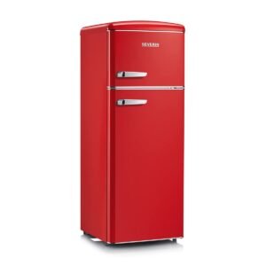 SEVERIN Réfrigérateur Congélateur 2 portes, Pose libre, Largeur 55 cm, 206L, Classe E, Veggibox incluse, Rétro, Rouge, RKG 8930