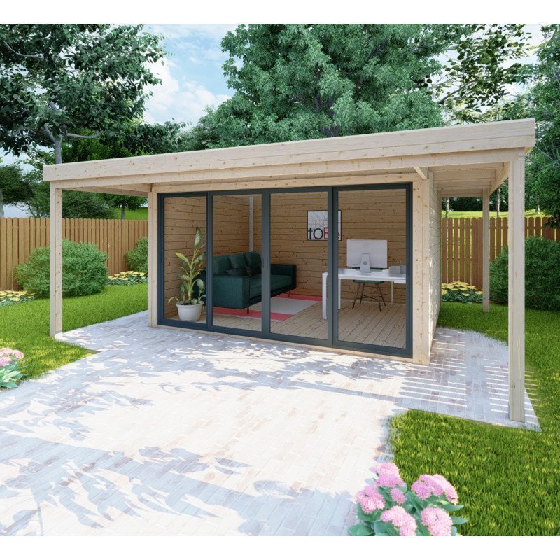 Bureau de jardin en bois massif avec terrasse 16,5m² – madriers 40mm Gardy Shelter – Image 5