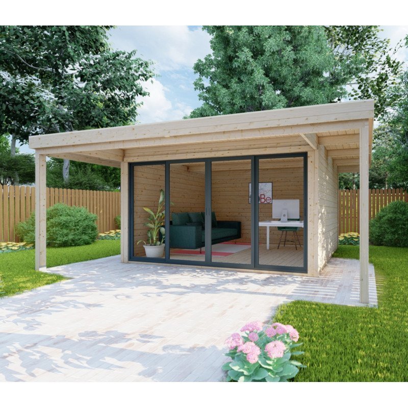 Bureau de jardin en bois massif avec terrasse 16,5m² – madriers 40mm Gardy Shelter – Image 6