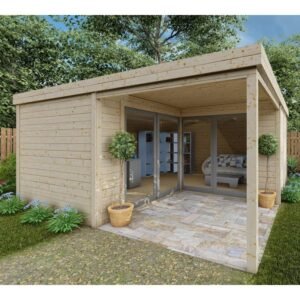 Bureau de jardin en bois massif 11,8 m² – Madriers 40 mm teintés marron – Gardy Shelter