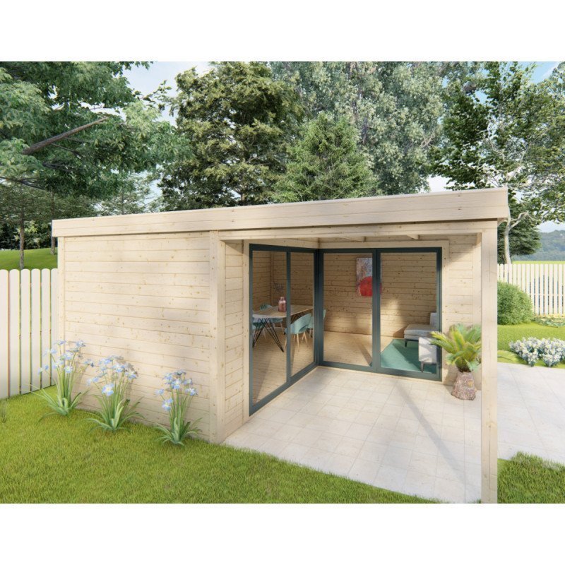 Bureau de jardin en bois massif 11,8 m² – Madriers 40 mm teintés marron – Gardy Shelter – Image 4