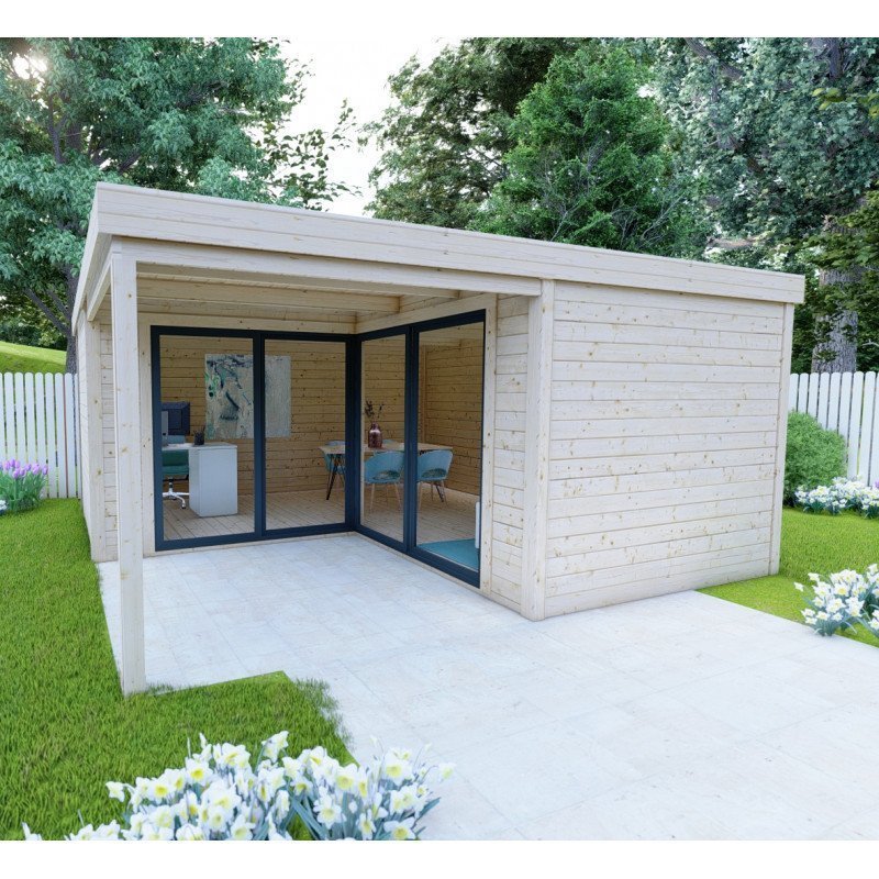 Bureau de jardin en bois massif 11,8 m² – Madriers 40 mm teintés marron – Gardy Shelter – Image 5