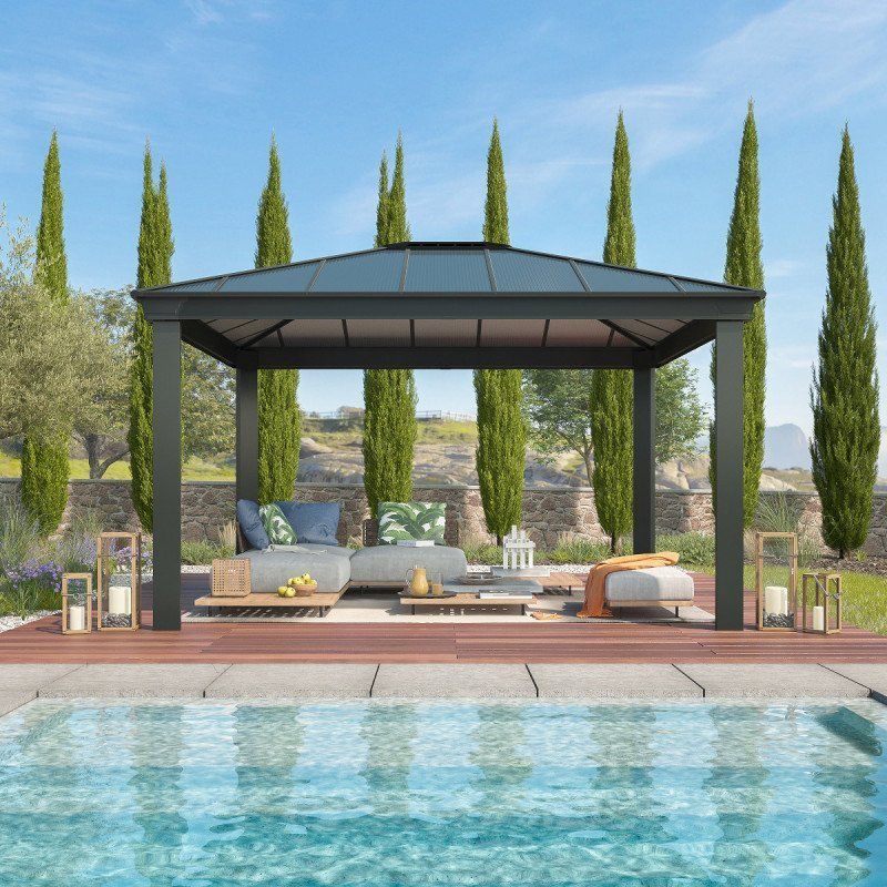 Pergola bioclimatique aluminium anthracite 10,80 m² – Lames ovales et moucharabieh – Habrita – Image 3