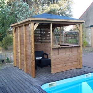 Pool house en bois thermo traité 12,32m² BLUETERM, 1 paroi mur plein, 1 paroi ventelles, 2 parois comptoirs – HABRITA